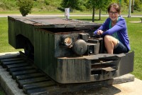 Gabriella on an old coal mining train engine